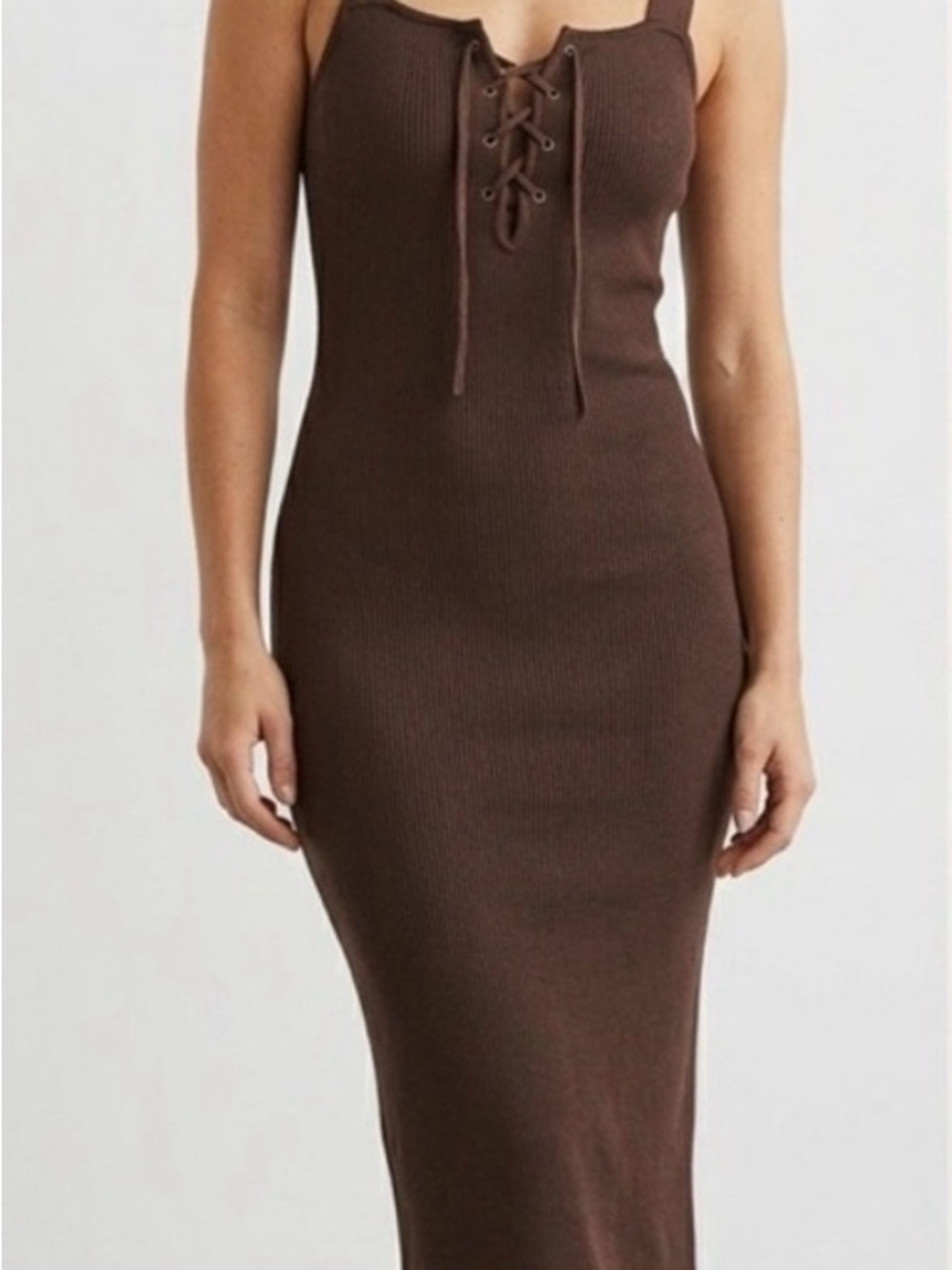H&M Brown Ribbed Lace-Up Maxi Dress